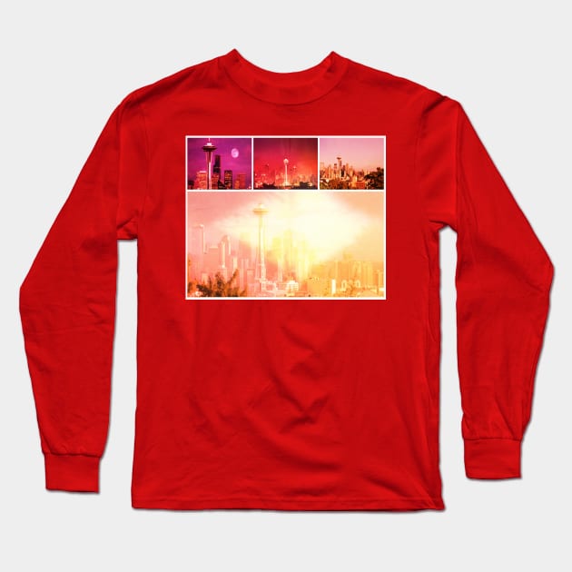 Shades of Red Space Needle Collage Long Sleeve T-Shirt by Christine aka stine1
